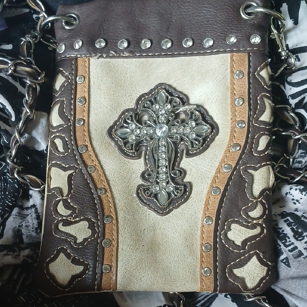 Cream and Brown Crossbody Bag with Ornate Design